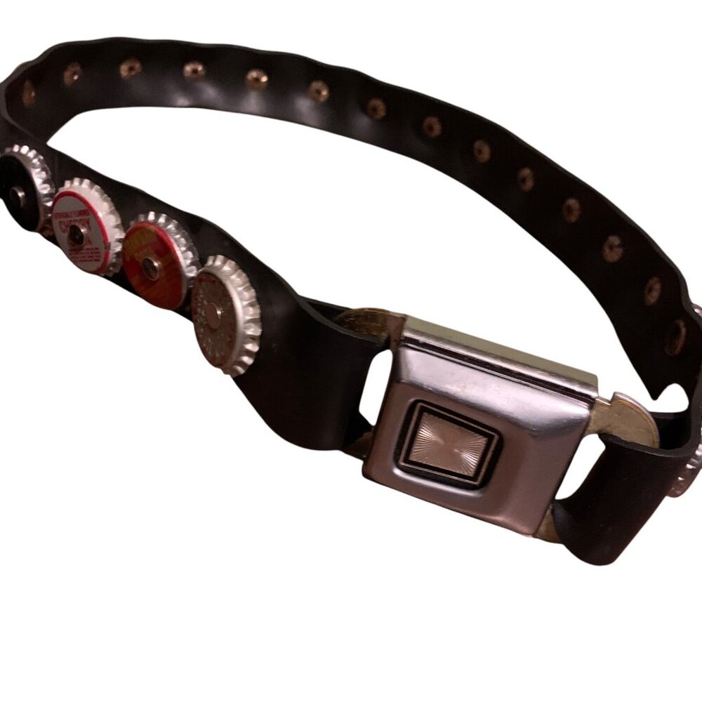 Vintage Hippie Belt Rubber Firestone Car Buckle w/Aged Bottle Caps Sz 31 Y2K 90s - Picture 12 of 13